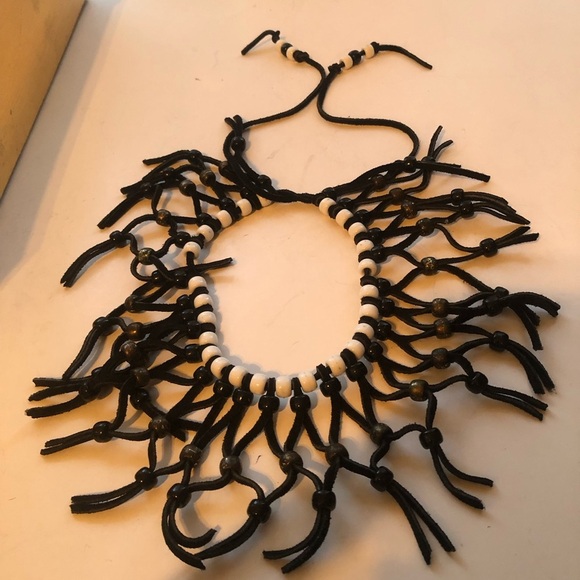 Bohemian style Black and Cream Tassel Necklace- leather and beads make this up - Picture 2 of 9